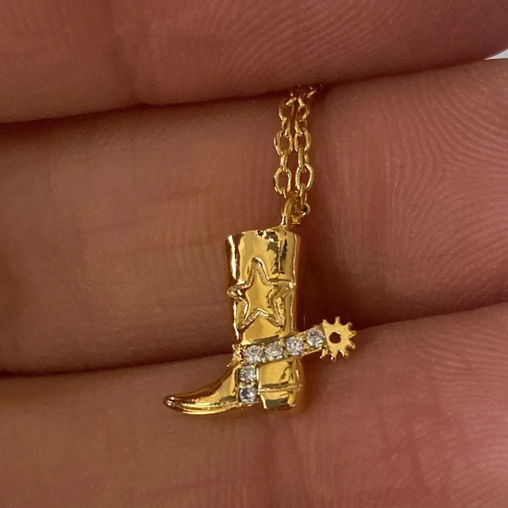 316 Stainless Steel Waterproof Denim Boots Pendant Necklace Cool Cowgirl Cowboy Boot Hat 18K Gold Plated Collar Necklaces Gifts