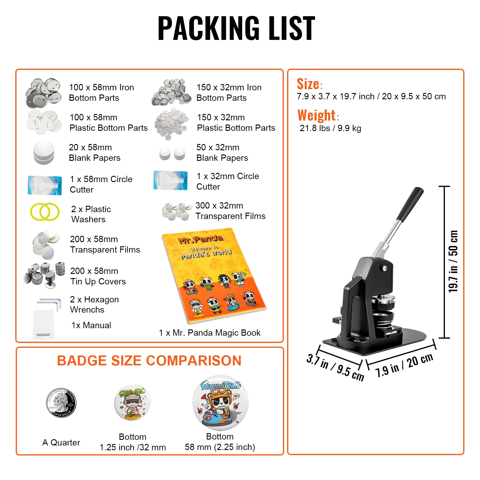 SucceBuy 25 + 58 MM/32 + 58 MM Badge Maker Machine DIY Knop Pin met 500 Stuks Gratis onderdelen Druk Kit Cirkel Fabricage Knop Tool