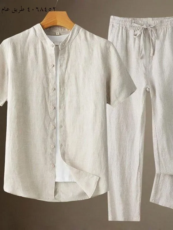 Men's Linen Cotton Blend Long Sleeve Shirt And Pants Set Thin Summer Casual Wear Comfortable Breathable Lightweight Suit