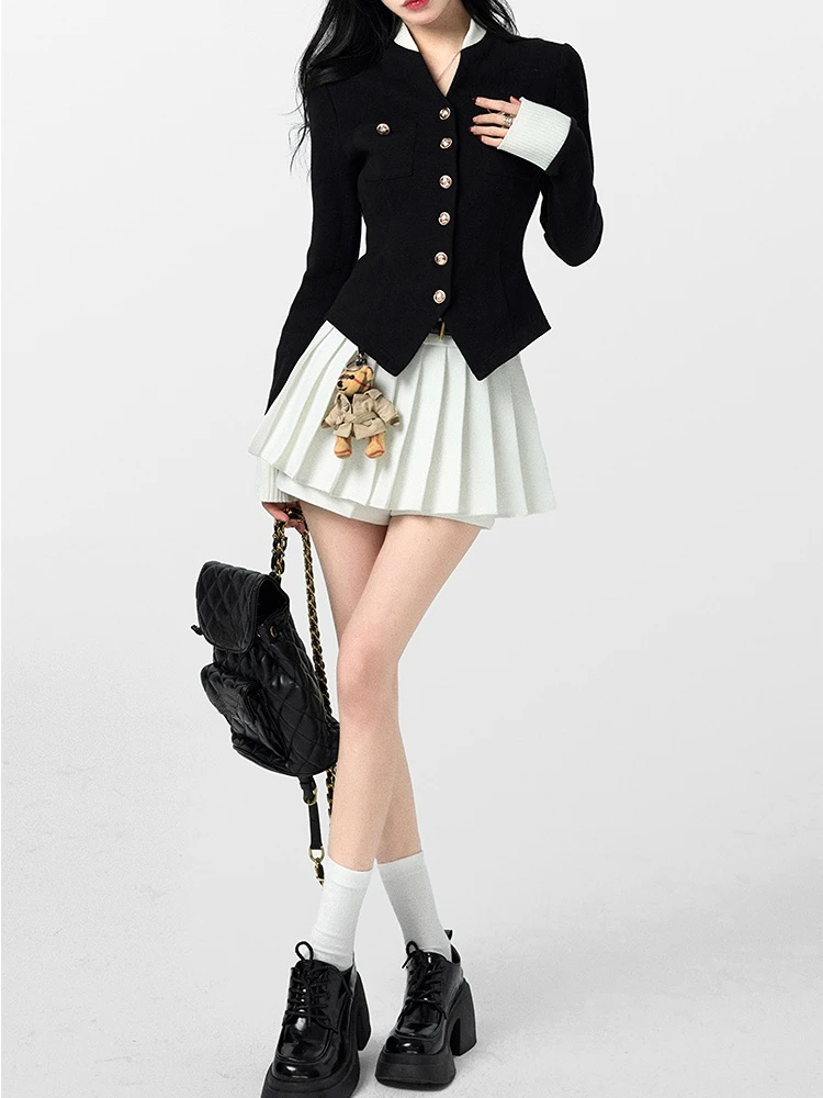 Black Vintage Two Piece Set Women Japanese Short Blazer Coat+mini Skirt Suit Female Casual Korean Fashion Sexy Kawaii Set 2023