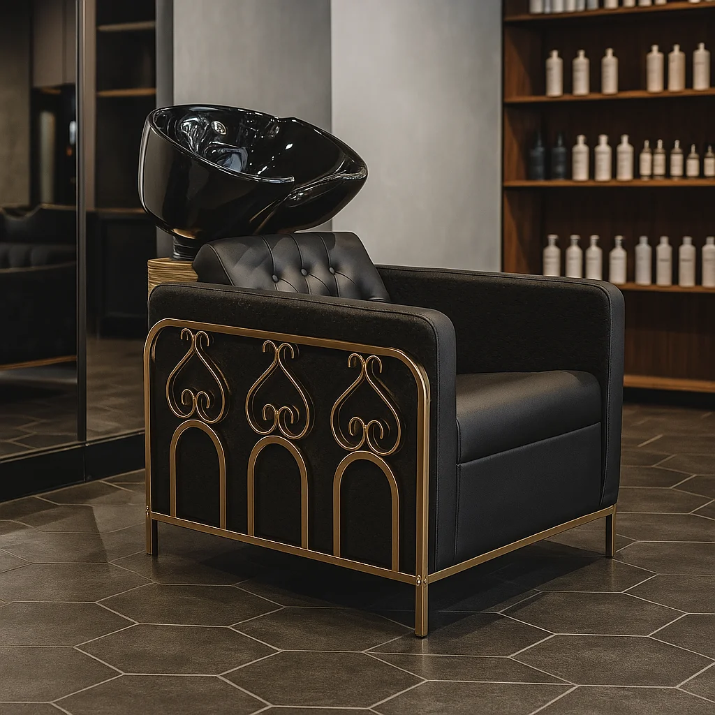 Luxury Black Gold Salon Shampoo Chair Backwash Unit with Ceramic Basin for Hair Washing