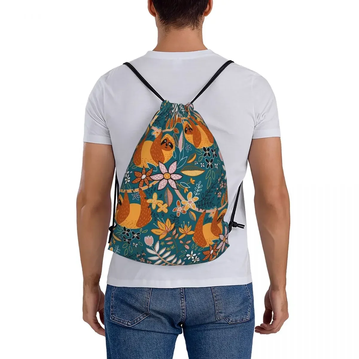 Happy Boho Sloth Zaini floreali Borse portatili con coulisse Borsa con coulisse Tasca per articoli vari BookBag per la scuola di viaggio