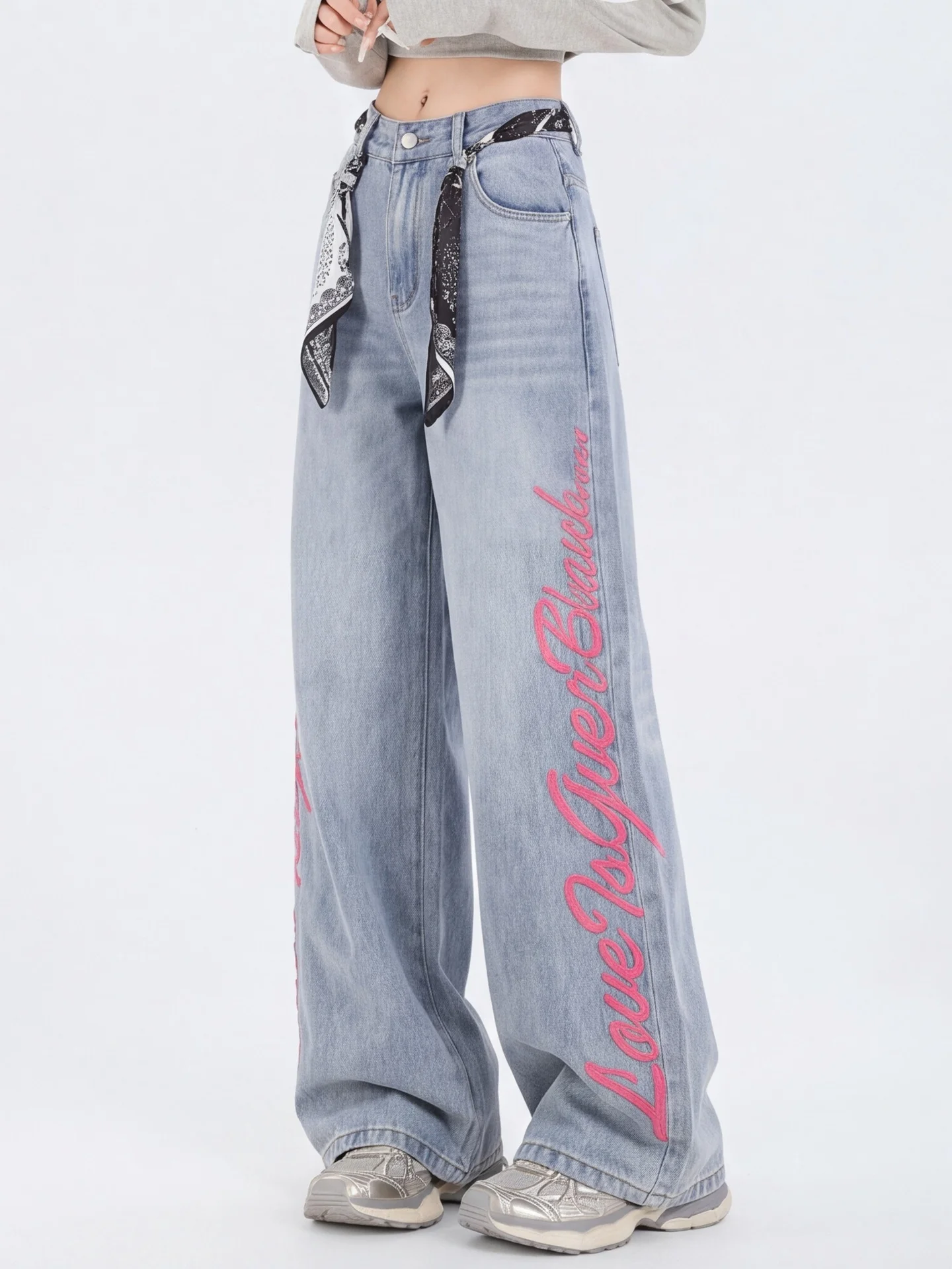 Sweet Cool AntY2K Women's Jeans with Scarf Accessory Double Side Embroidered Letters Casual Straight Leg Cotton Trousers