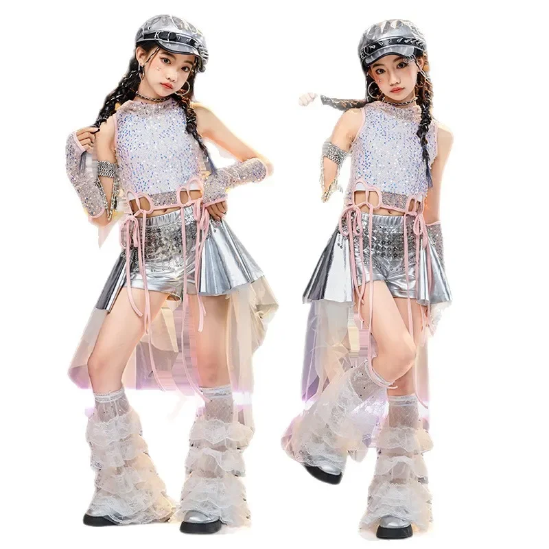 زي أداء رقص الجاز للأطفال، سترة ترتر للرقص في الشوارع للفتيات، تنورة بنطال جلدي، ملابس أداء للمشي على المسرح #6