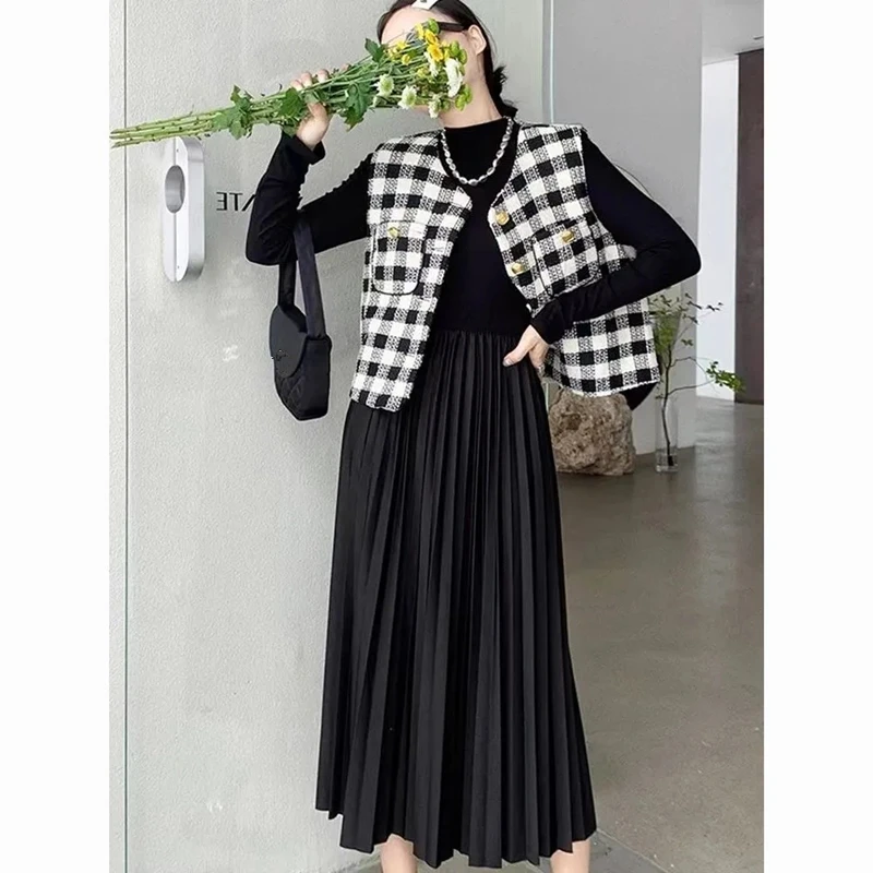 Women Knit Dress Plaid Vest Two Piece Set Spring Autumn Korean Lady Graceful Patchwork Pleated Dresses Tank Coat Outfits 2023