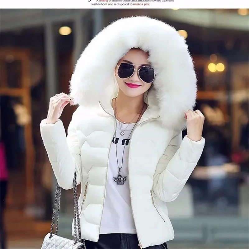 Autumn Winter Women\'s Cotton Jacket Short Section Large Fur Collar Hooded Warm Cotton Clothing Cotton Coat Ladies Cropped Coat