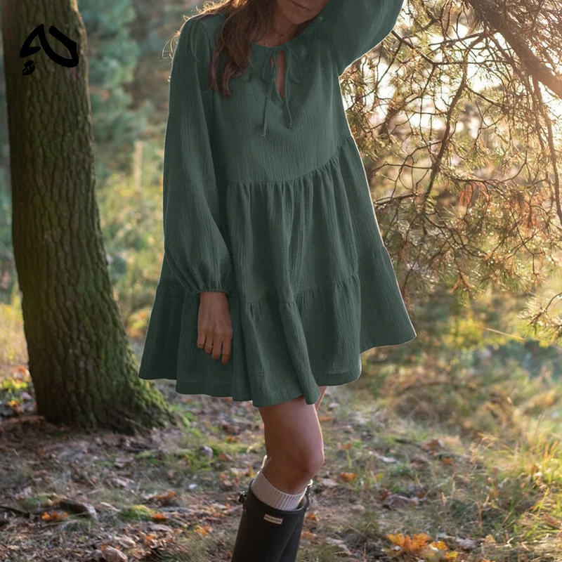 Original Muslin 100% Cotton Dress Retro Loose Lace-up Ruffles Long Sleeve Green Dresses Women Robe Elegant Party Dresses