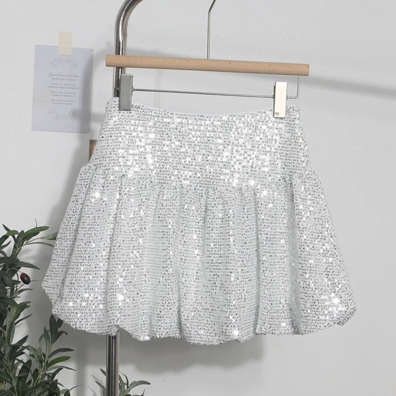 Korean Fashion Glitter Mini Skirts Women's Clothing 2026 Faldas Mujer Summer A-line Pleated Saia Sweet Zipper All Match ​skirt