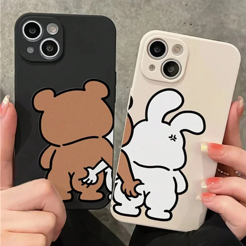 Couple Cartoon Rabbit & Bear Pattern Cases For iPhone 16 15 12 13 14 11 Pro Max 7 8 Plus 16e XR XS Max SE 2022 16Pro Soft Cover