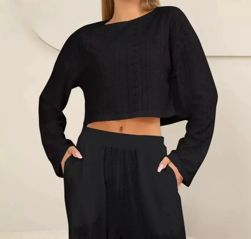 

Комплект домашней одежды: длинные брюки и рубашка с длинным рукавом, повседневная удобная пижама с ажурным узором, женский комплект из двух предметов