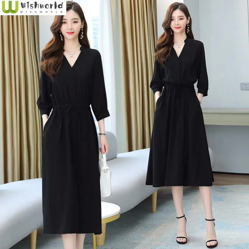 

Temperament Dress Spring and Autumn New Korean Edition Waist Loose and Slimming Solid Color Age Reducing Skirt