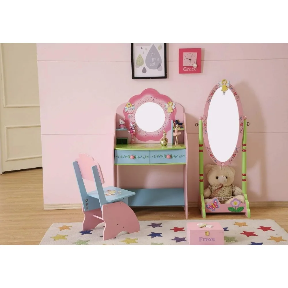 Kids Vanity, Fairy Girl‘s Dressing Table and Chair Set, Girls Vanity Set with Mirror, Makeup Dressing Pricess Table with Drawer