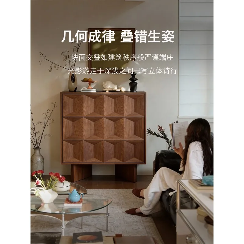 Three-bucket cabinet antique solid wood parquet black walnut living room locker integrated storage cabinet against the wall