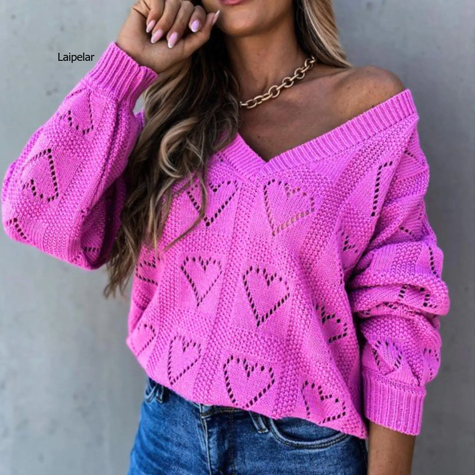 Women Casual Sweaters Autumn Winter Love Heart Hollow Crochet Sweater Loose Knitwear V Neck Loose Sexy Tops