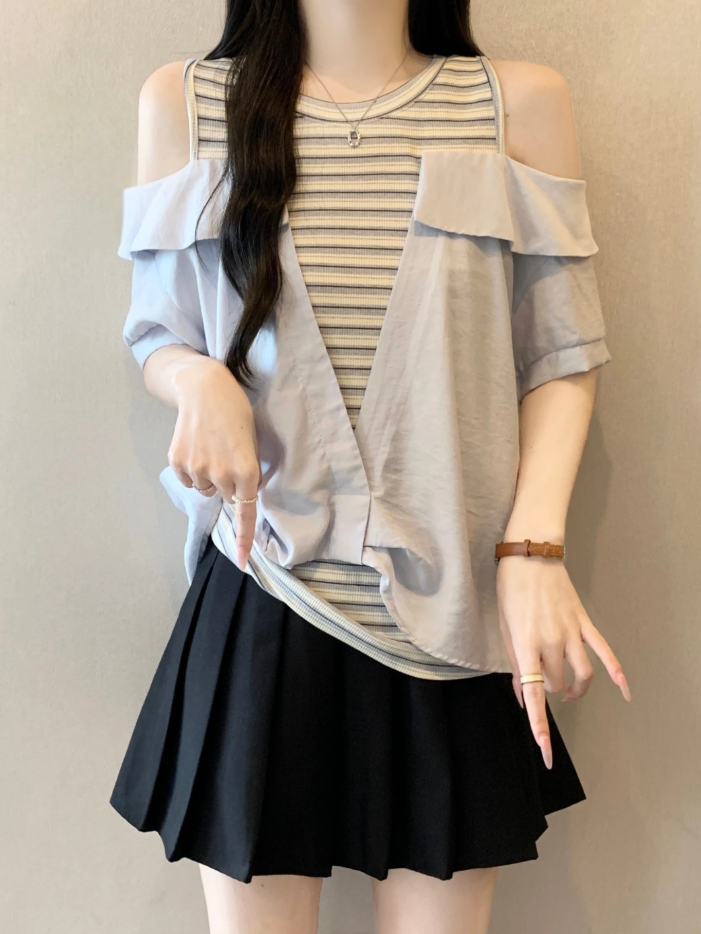 

Slimming Striped Vest Short Sleeve Shirt Women's Summer plus Size Patchwork Design Shoulder Bared Top Korean Style Commute Wind