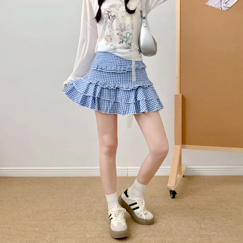 Koreanischer Retro-karierter Spitzenrock für Damen im Sommer, neuer Sinn für Design, A-Linien-Version mit hoher Taille, schlankmachender und flauschiger Kuchenrock