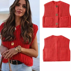 2024 Spring Autumn New Style Vests Euro-America Style Pocket Sleeveless Short Knitted Button Fashion Casual Vests