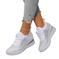 Women's Sneakers Shiny Rhinestone Wedge  Breathable Knit Non Slip Walking Shoes Woman Plus Size Fashion Thick Sole White Sneaker - Image 6