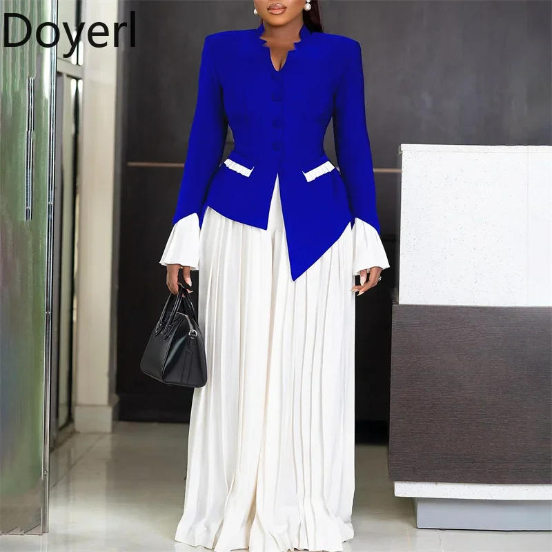 

Doyerl Elegant Formal 2 Piece Sets Woman Outfits Work Office Wear Flare Sleeve Blazer Top and Pleated Loose Wide Leg Pants Suits