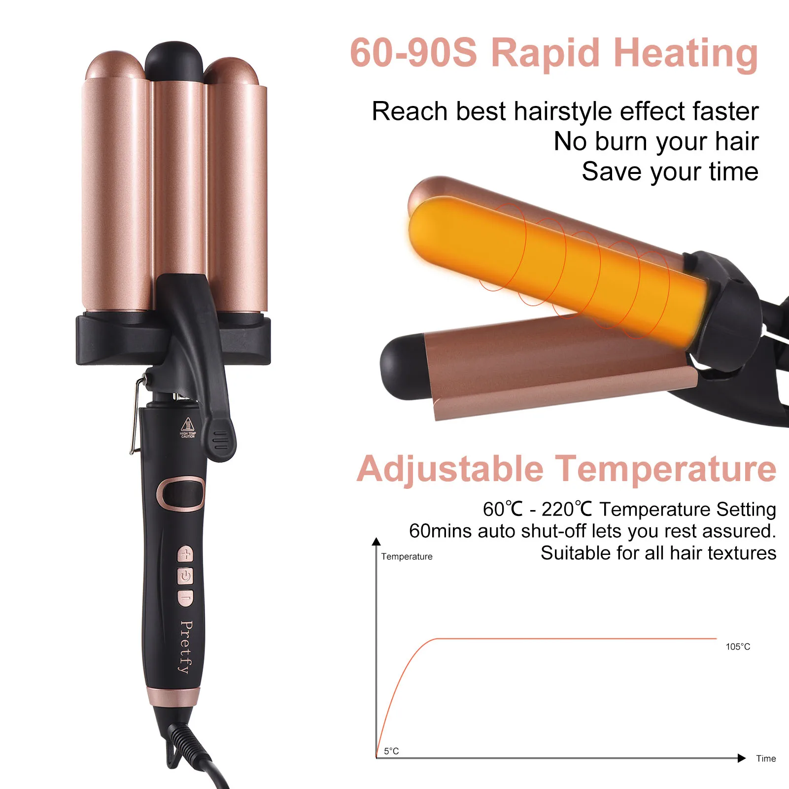 

Pretfy Hair Curling Iron 3-Barrel 32mm Hair Waver Hair Curler Temperature Adjustable LCD Temp Display Hair Styling Tool