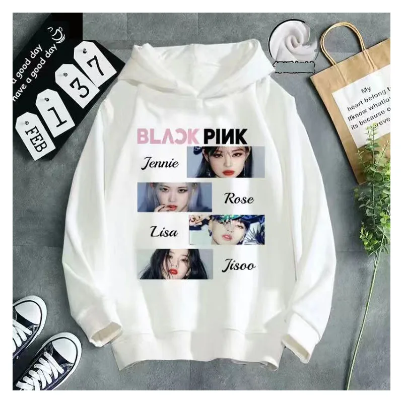 Women Men Cotton Fleece Hoodie Black Graphic Pink Print Hooded Sweatshirt Casual Korean Fans Pullover Warm Clothing Winter Tops