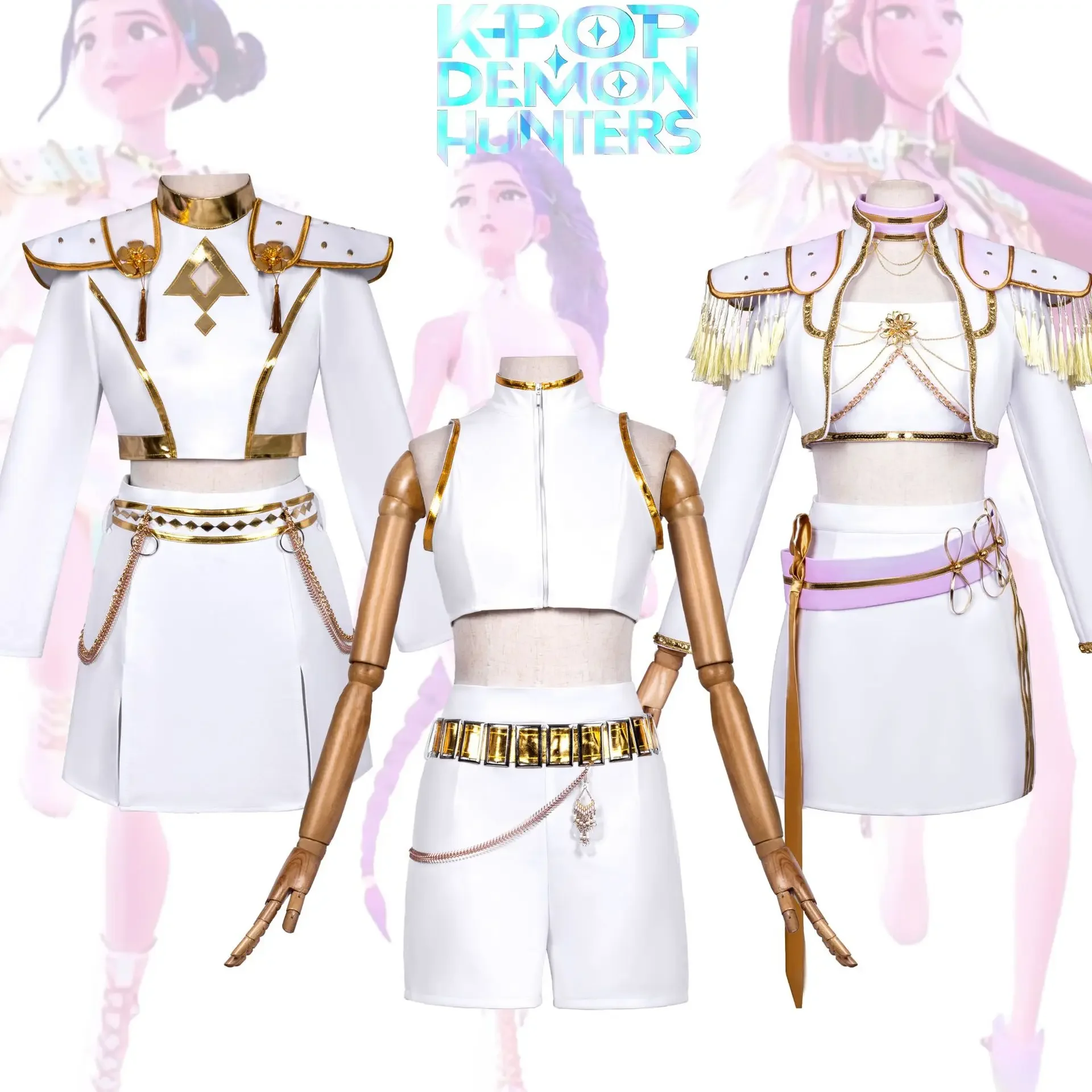 

Huntr Zoey Rumi Mira Stage Fancy Dress K-Pop Demon Hunters Cosplay Costume White Golden Idol Jacket Shirt Skirt Halloween ﻿