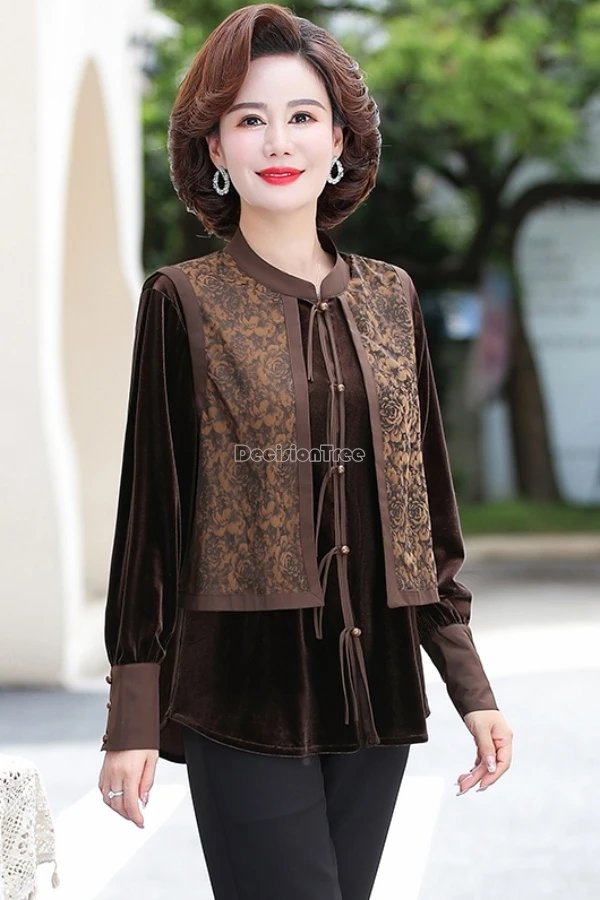 

Осень 2026, китайский улучшенный стиль, бархатная свободная женская блузка с воротником-стойкой и длинными рукавами, топ с принтом, костюм Тан, блузка t01