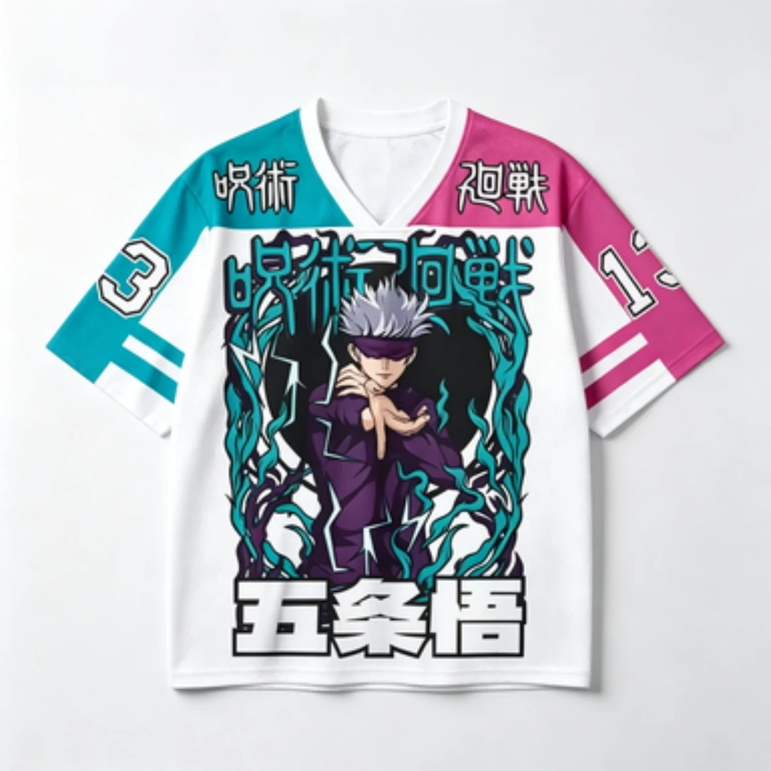 Jujutsu Gojo Gojo and Seven Seas Builder Printed V-neck Mesh Jujutsu Halo Flame Pattern Sports Loose T-shirt