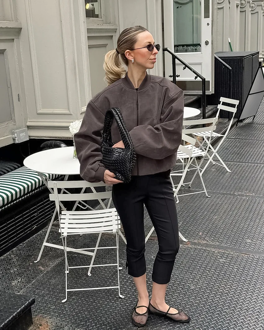 Women's Retro Suede Pilot Jacket Stand Collar Long Sleeve Zipper Autumn Winter High Street American Style