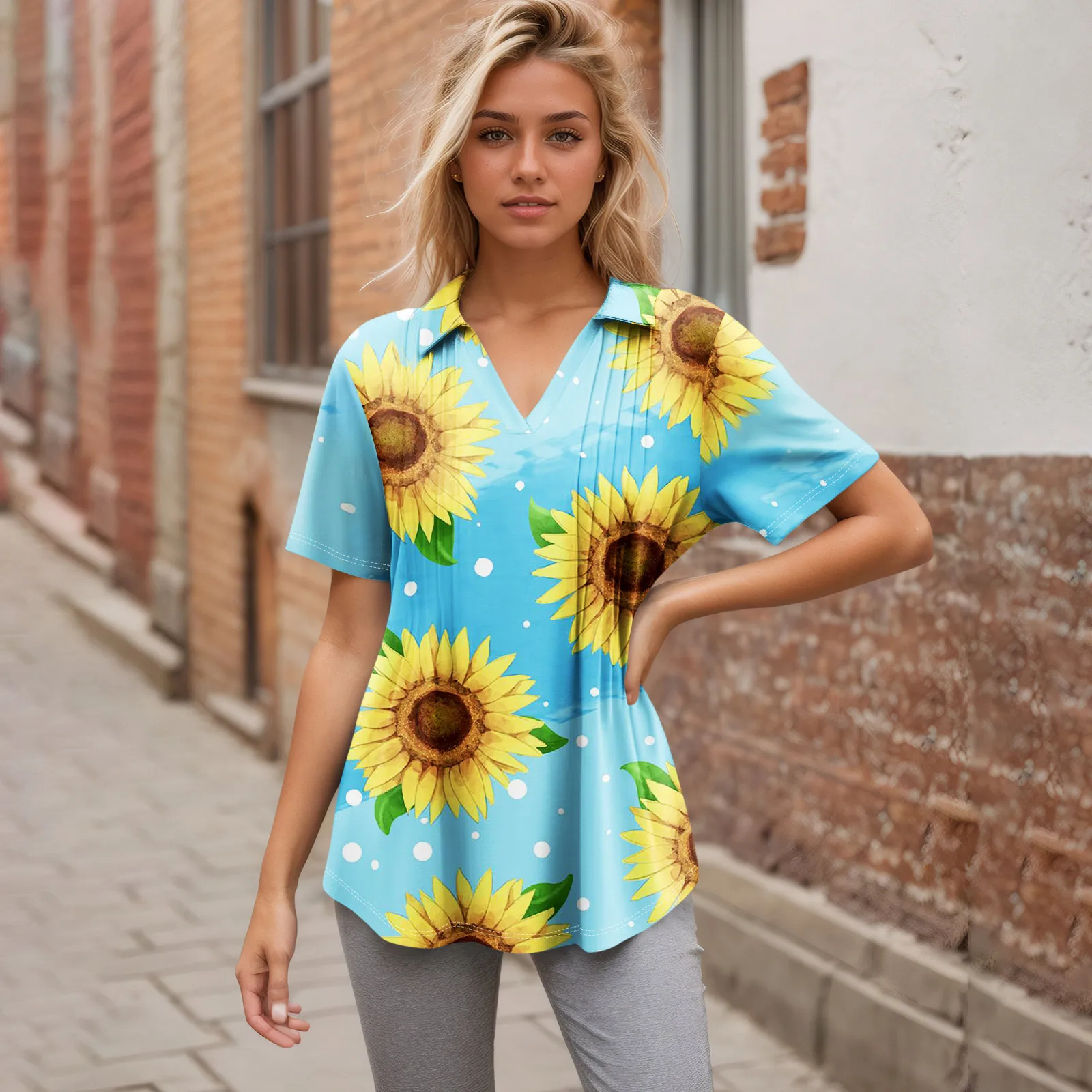 

2025 Polo Shirts Woman New Pleated V-Neck Short Sleeved Sunflower Print T-Shirt Business Casual Shirt Solid Clothing Female