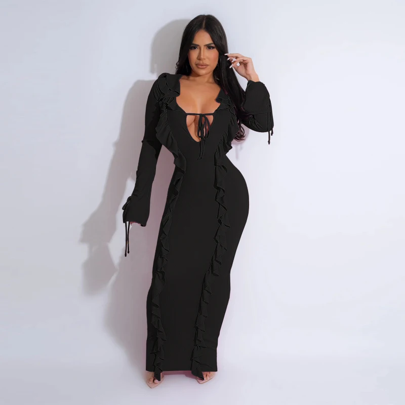 

Sexy Hollow Out Lace Up Maxi Dress Women Autumn Deep V Neck Ruffles Long Sleeves Bodycon Dresses 2024 Lady Night Party Robe