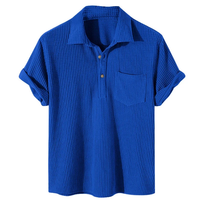 Camisa polo de manga curta listrada masculina, lapela, casual, cor sólida, novo, moda