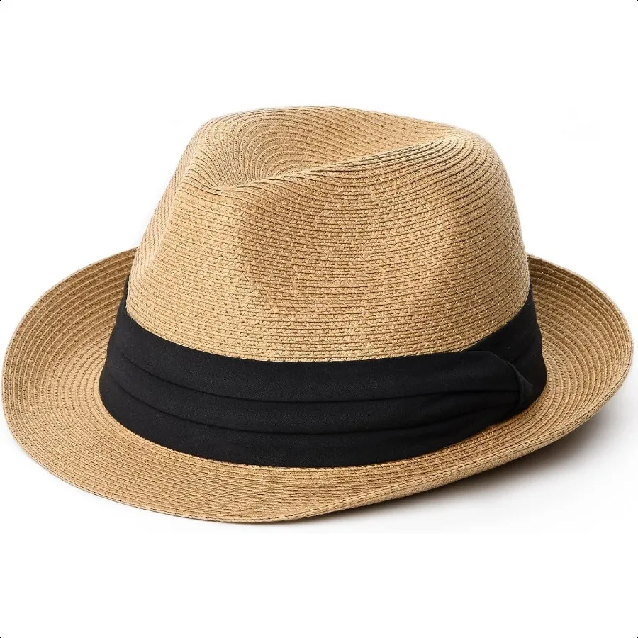 

FURTALK Fedora Straw Sun Hat for Men Women Foldable Roll Up Short Brim Trilby Hat Panama Beach Hat UPF 80+