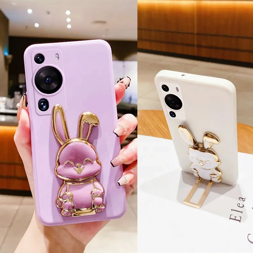 Custodia con staffa per telefono con supporto per coniglio carino per Huawei P60 P50 Pro P40 P30 P20 Lite Mate 20 P Smart 2021 copertura con supporto in silicone quadrato