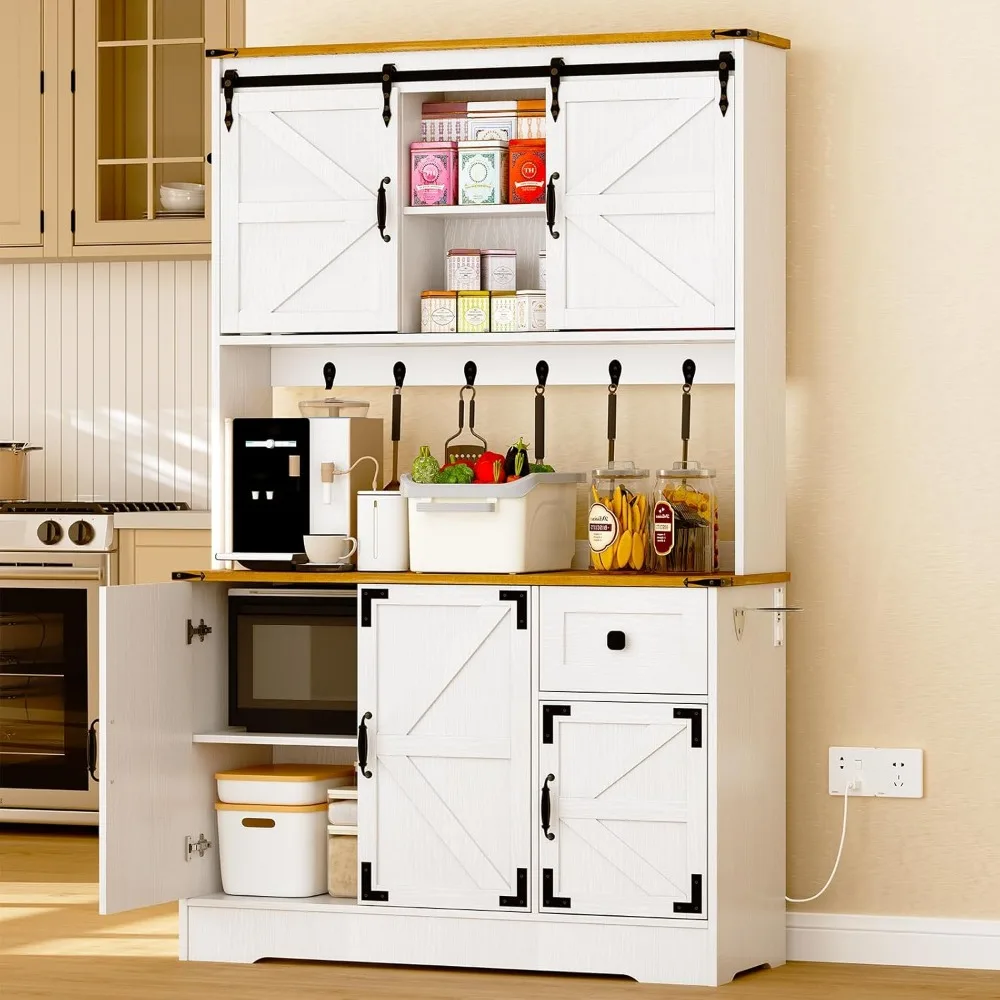 

Cabinet with Charging Station, Tall Kitchen Pantry Storage Cabinet with Microwave Stand, Farmhouse Kitchen Hutch with Sto