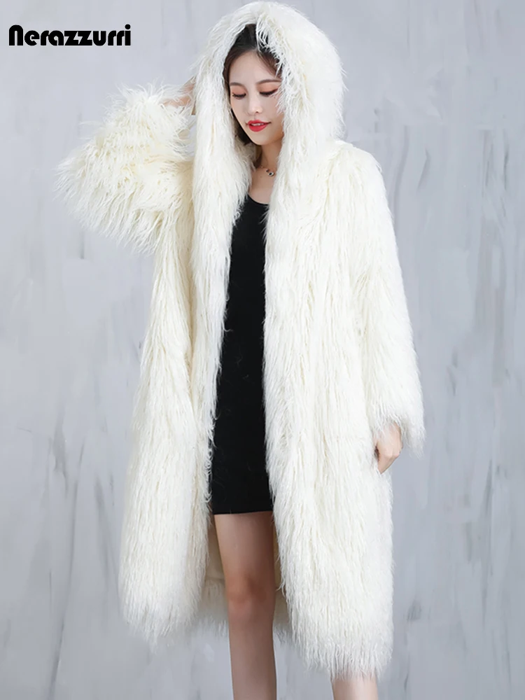 Nerazzurri Winter White Black Thick Warm Loose Shaggy Hairy Faux Fur Cocoon Coat Women with Hood Long Sleeve Korean Fashion 2021