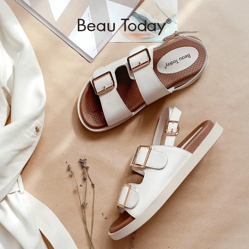 BEAU TODAY Casual Sandals Women Cow Leather Double Buckles Ankle Strap Ladies Summer Beach Low Heel Sport Shoes Handmade A38128