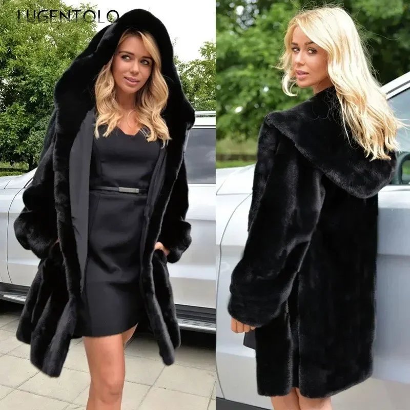 Cappotto di pelliccia sintetica nera da donna inverno Streetwear moda di grandi dimensioni sciolto Famale con cappuccio spessa giacca di Cardigan di pelliccia calda panno elegante