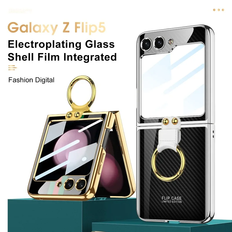 Luxury Tempered Glass Cover for Samsung Z Flip5 Case with Ring Vintage Fashion Pattern Shockproof Shell for Galaxy Z Flip 5 Case