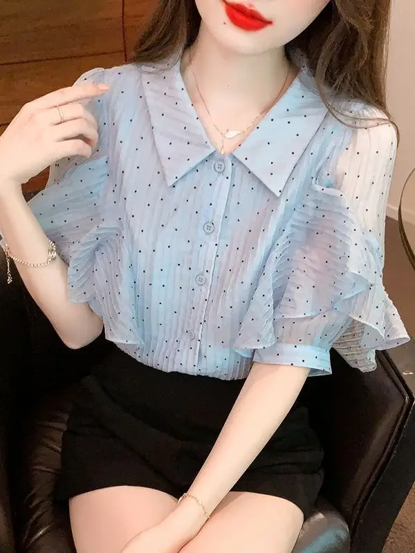 Summer Woman Blouse Short Sleeve Sweet Loose Bright Colors Youth Lively Elegant Puff Sleeve Fashionable Perspective Polo-neck