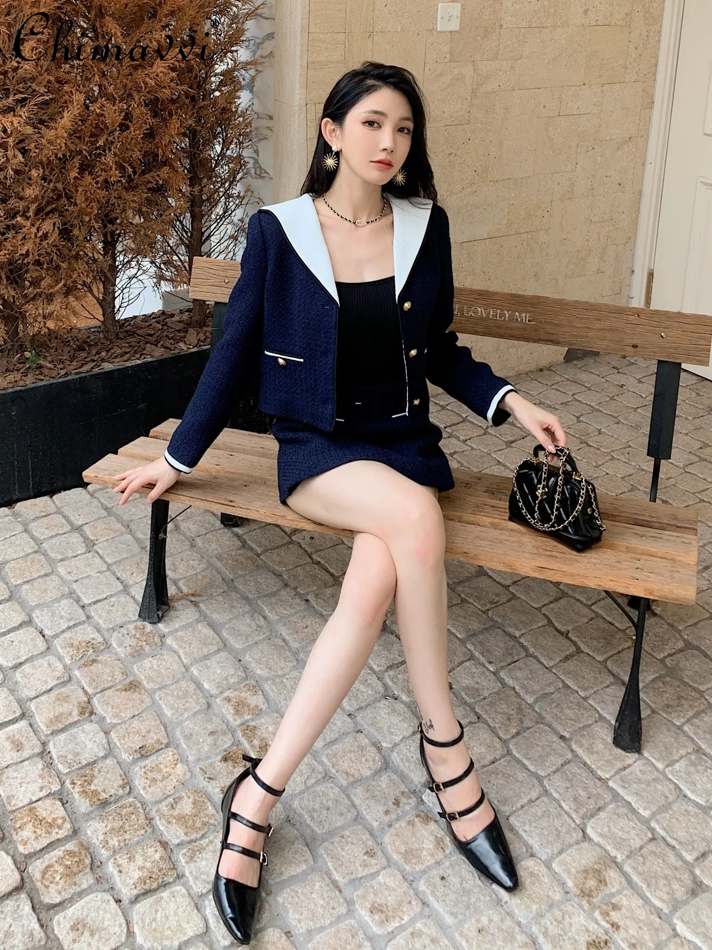

High-End Fashion Dark Blue Navy Collar Tweed Jacket High-Waisted Skirt Pants Round Neck Dress Elegant Women's Clothing Autumn