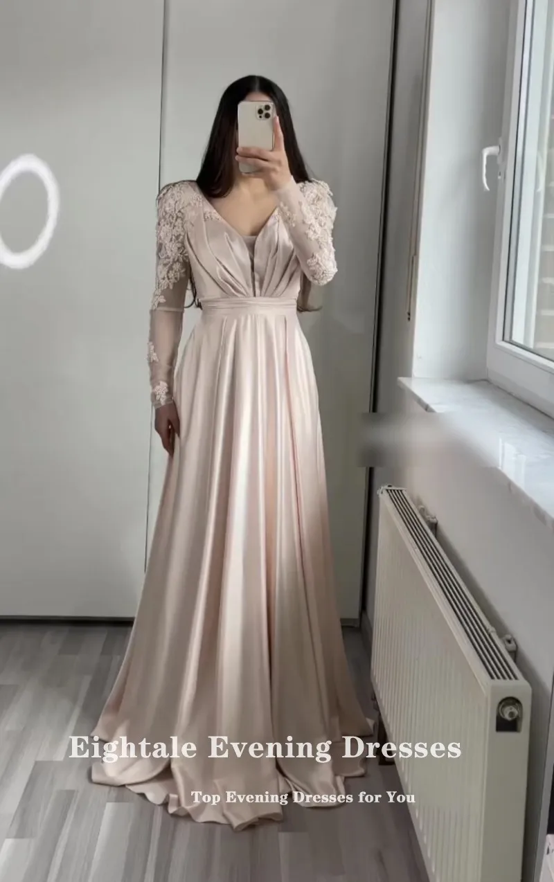 Eightale Arabic Evening Dress for Wedding Party Champagne Long Sleeves A-Line V-Neck Appliques Beaded Satin Celebrity Prom Gown