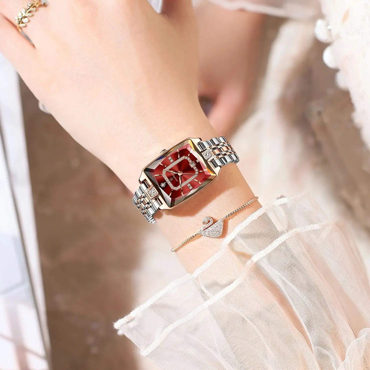 POEDAGAR Orologio di lusso da donna Elegante calendario impermeabile Orologio da donna Rettangolo Orologio da donna al quarzo in acciaio inossidabile Donna