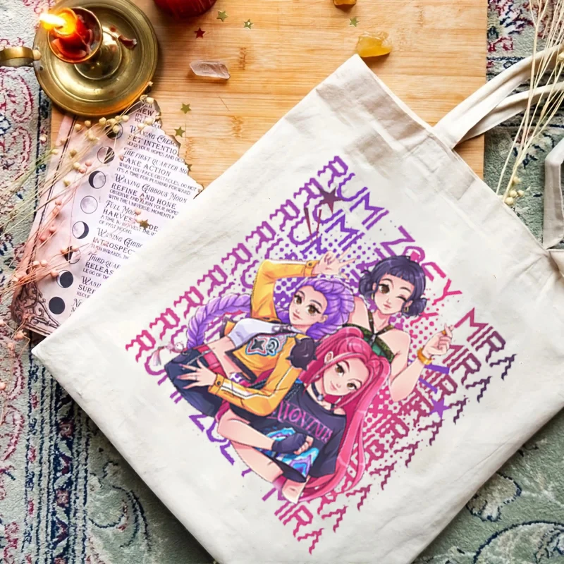 1 قطعة HUNTRIX K-pop شيطان هنتر أنيمي نمط قماش حمل حقيبة قابلة لإعادة الاستخدام المرأة حقيبة تسوق حقيبة قماش قنب حقيبة شاطئية هدية للمسافرين #2