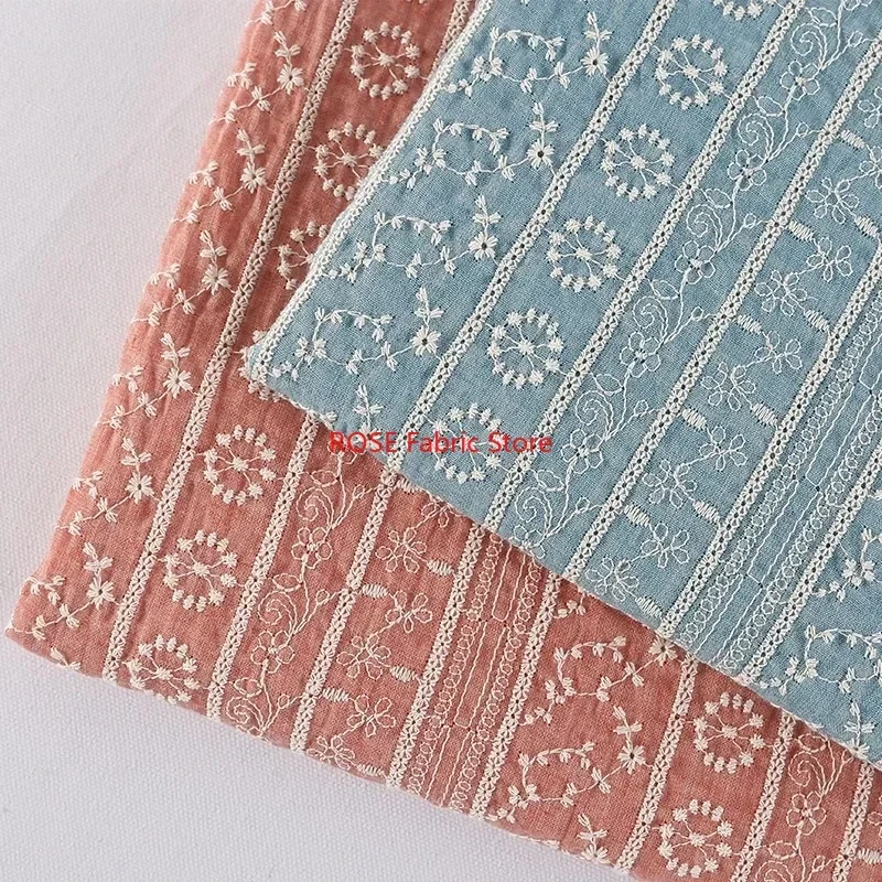Flower Embroidery Pink Blue Cotton Fabric for Boho Dress, Bridal Dress, Summer Dress, skirts, Gown, blouse, tops, table cover,