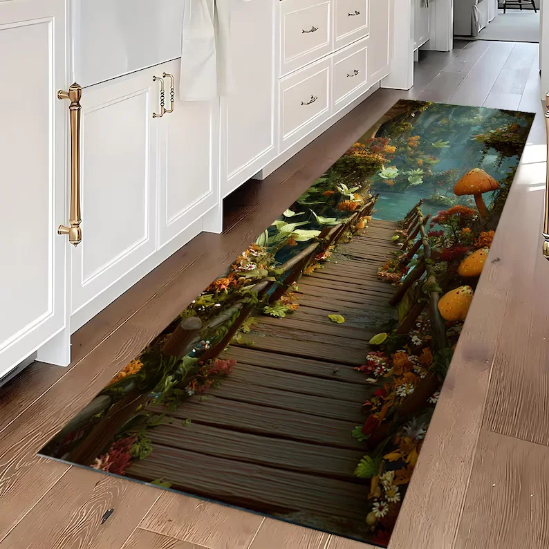 Fantasy Forest Runner Rug Enchanted Mushroom Path Non-Slip River Ruins Runner Rug Flow Mossy Hallway Accent Home Decor Carpet