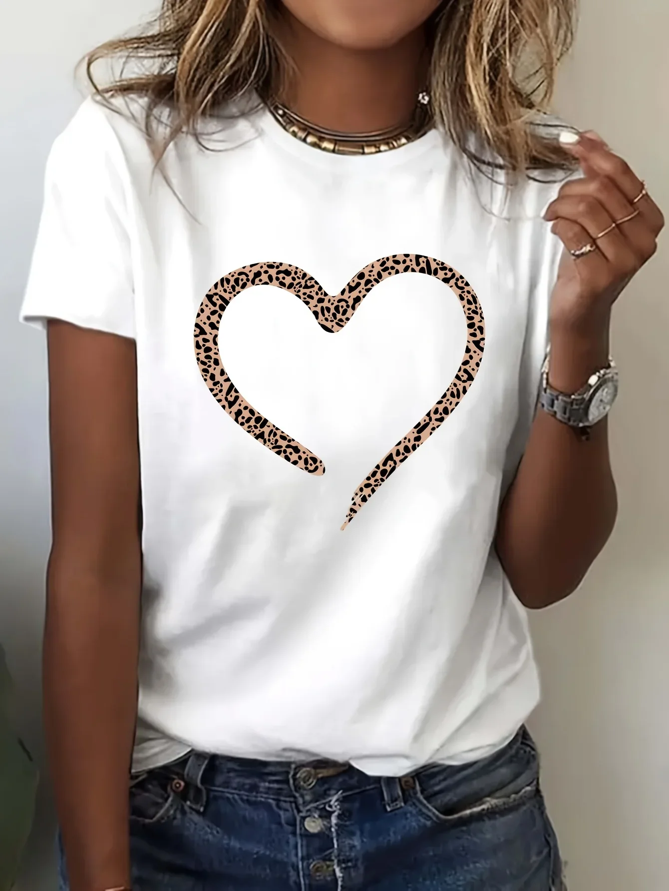 

Women's Short Sleeve Crew Neck T-Shirt Vibrant Red with Leopard Print Heart Casual Attire Trendy Graphic Tee women clothes tops