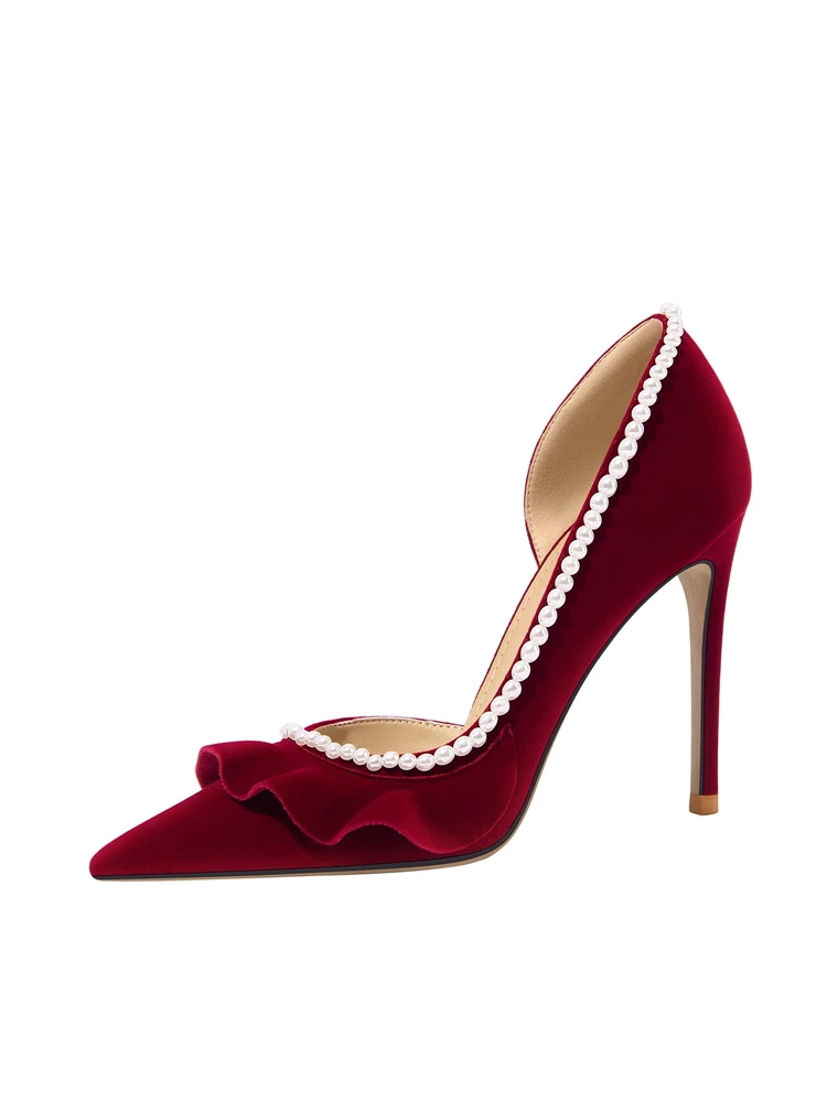 

Spring new pointed suede pearl lace waterproof table single shoes thin high heel banquet dress large size small size women shoes