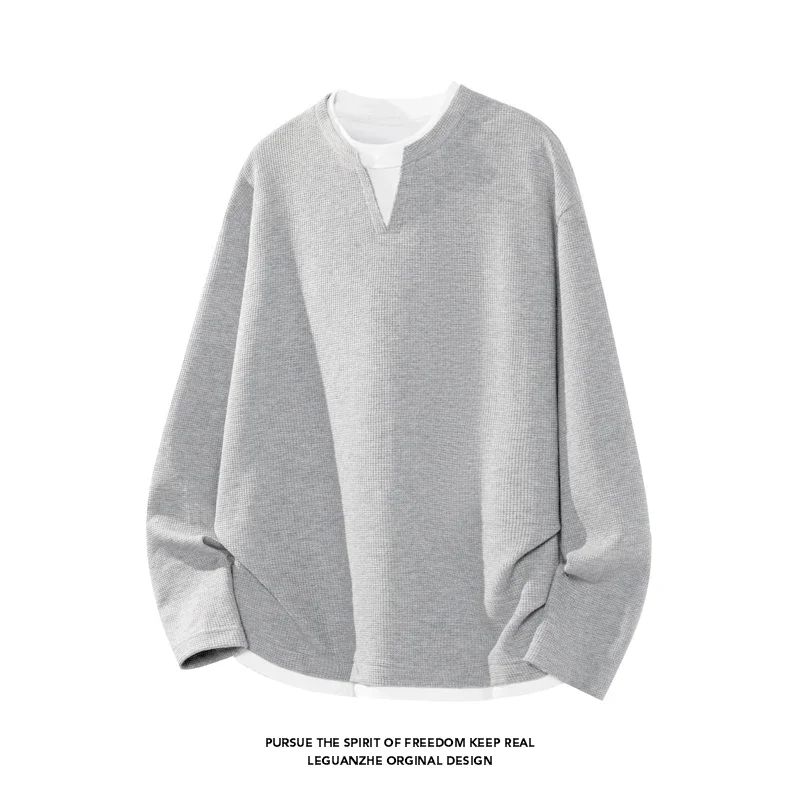 Men's Waffle Knit Fake Two‑Piece Long Sleeve T‑Shirt Notch V‑Neck Drop‑Shoulder Loose Fit Casual Layered Look Tops