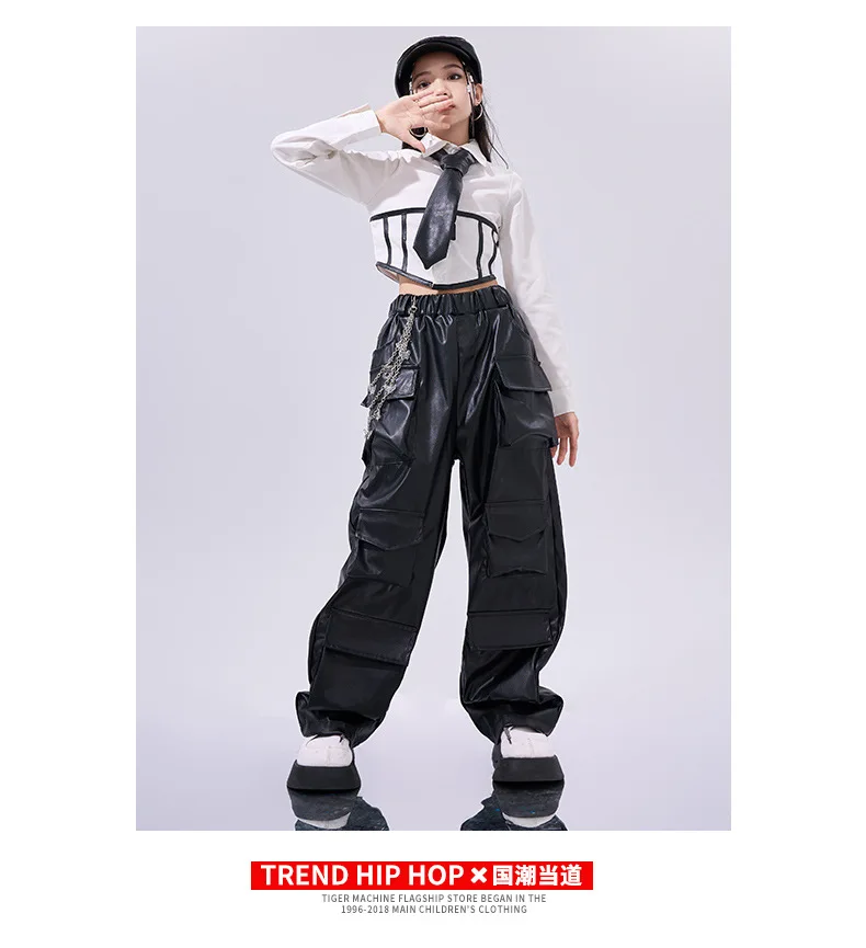 Mädchen Hip Hop Crop Top Pu Leder Cargo Hosen Kind Schuluniform Kostüme Kinder Streetwear Jazz K-pop Street Dance kleidung Sets – Detail 8